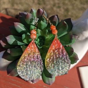 Lightweight Epoxy Resin Orange Sunset Druzy Earrings Handmade Teardrop Art